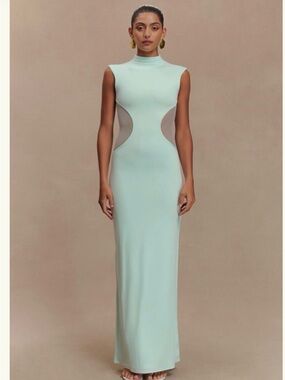 Meshki Mint Sculpted-Cut High Neck Maxi Dress